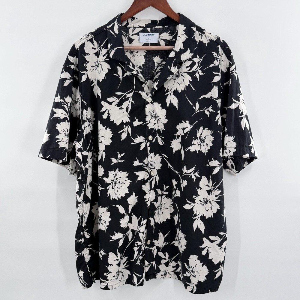 Old Navy Mens XL Black Floral Camp Collar Button Up Shirt Cotton Stretch